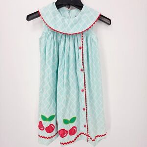 Honesty Girls Dress Teal Quatrefoil Cherry Applique Red Ric Rac Trim Size 6